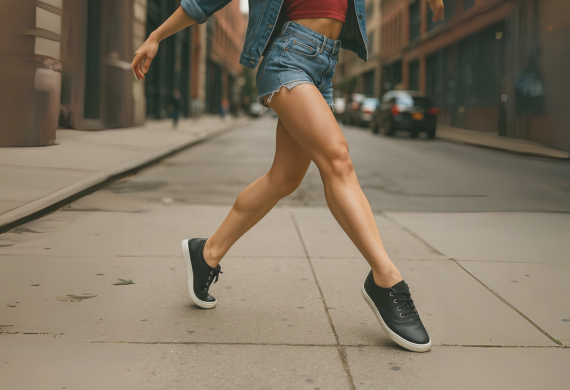 Eine Person in kurzen Hosen und Turnschuhen geht zügig über einen leeren Bürgersteig.